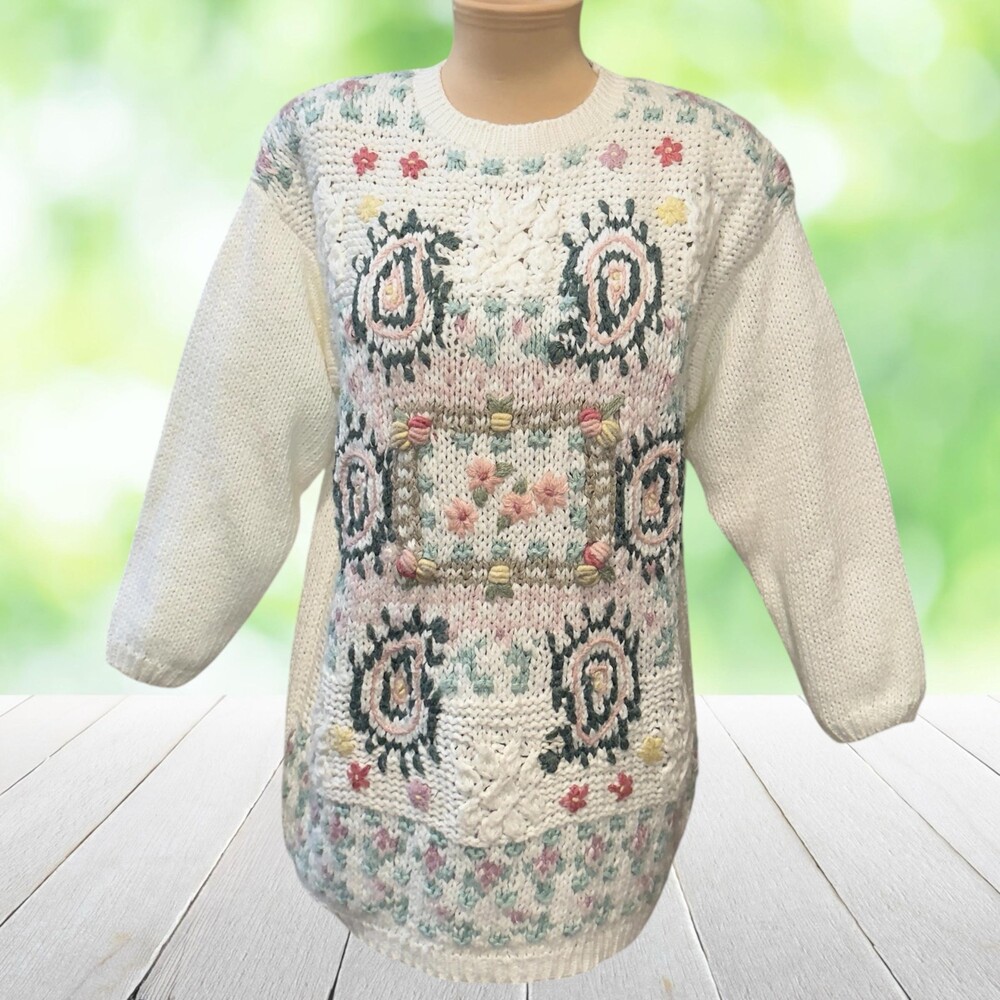 Vintage SHENANIGANS Handknit Sweater Embroidered Floral Folk Art Cottagecore M
